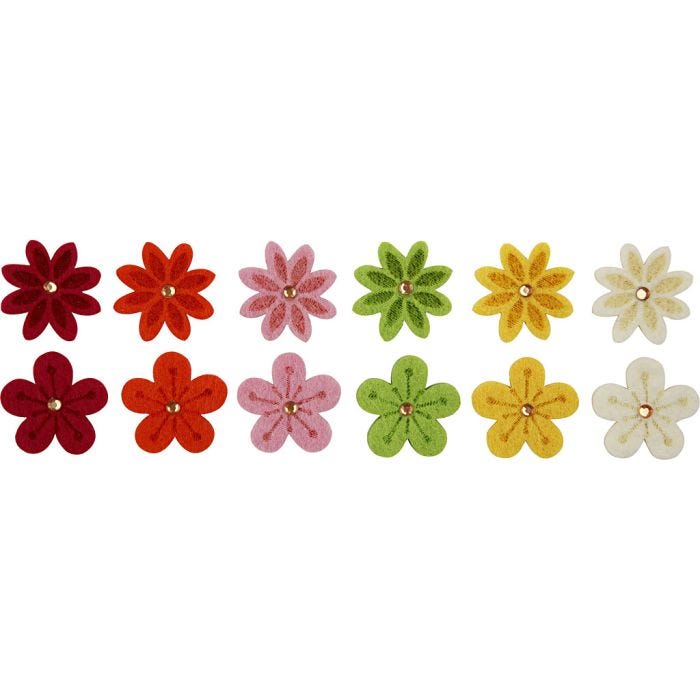 Filtblomster med rhinsten, dia. 30 mm, tykkelse 2,5 mm, 12 stk./ 1 pk.