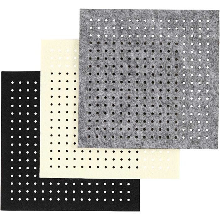 Filt med hull, str. 20x20 cm, tykkelse 3 mm, svart, grå, råhvit, 3x4 ark/ 1 pk.