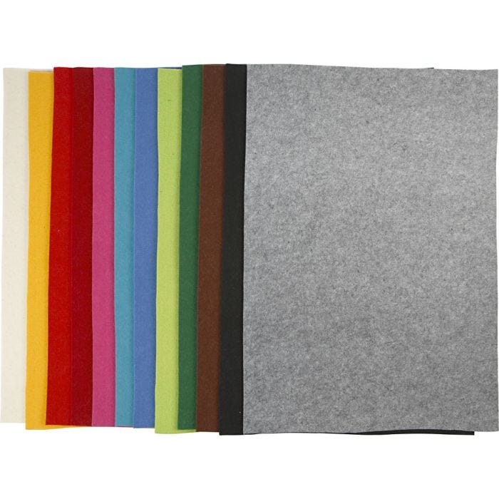 Hobbyfilt, ark 42x60 cm, tykkelse 3 mm, ass. farger, 12 ass. ark/ 1 pk.