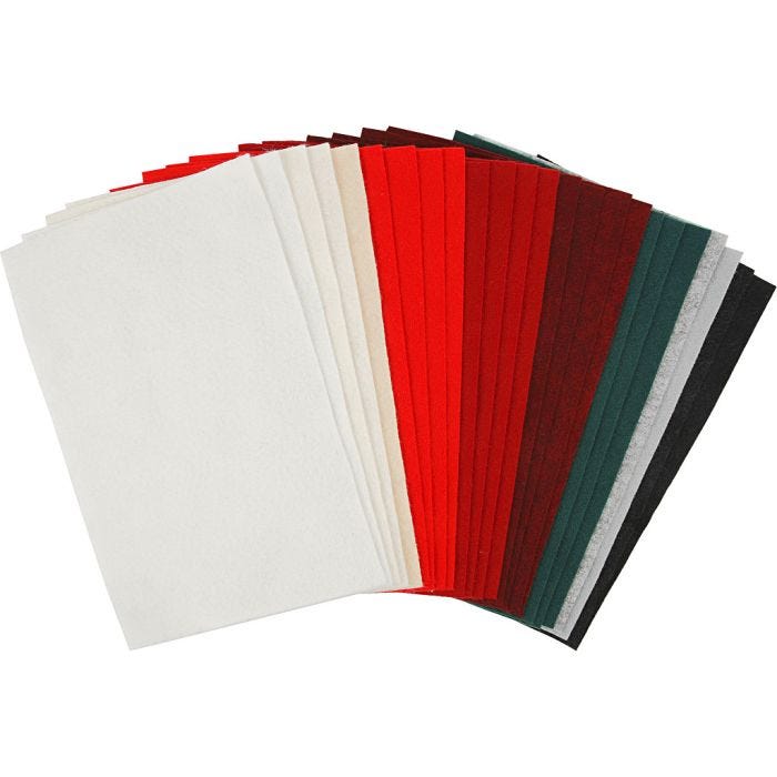 Hobbyfilt, ark 20x30 cm, tykkelse 1,5 mm, 180-200 g, ass. farger, 24 ass. ark/ 1 pk.