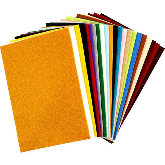 Hobbyfilt, ark 20x30 cm, tykkelse 1,5 mm, 180-200 g, ass. farger, 24 ass. ark/ 1 pk.