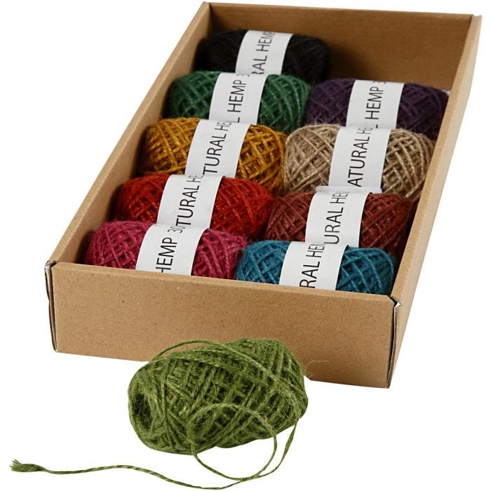 Naturhamp, tykkelse 1-2 mm, ass. farger, 10x30 m/ 1 pk.