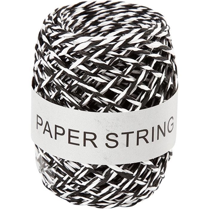 Papirsnor, tykkelse 1 mm, svart/hvit, 50 m/ 1 rl.