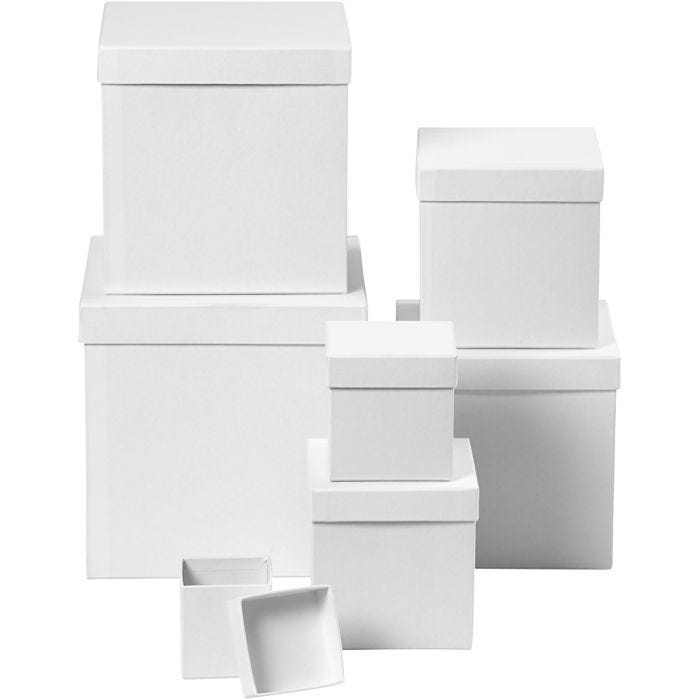 Firkantede esker, firkantede, H: 7,5+10+13+15+18+20+23 cm, str. 7,5+10+13+15+18+20+23 cm, hvit, 7 stk./ 1 sett