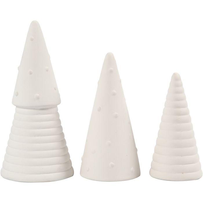 Juletrær, H: 10+12+15 cm, dia. 5+6+7 cm, hvit, 3 stk./ 1 pk.