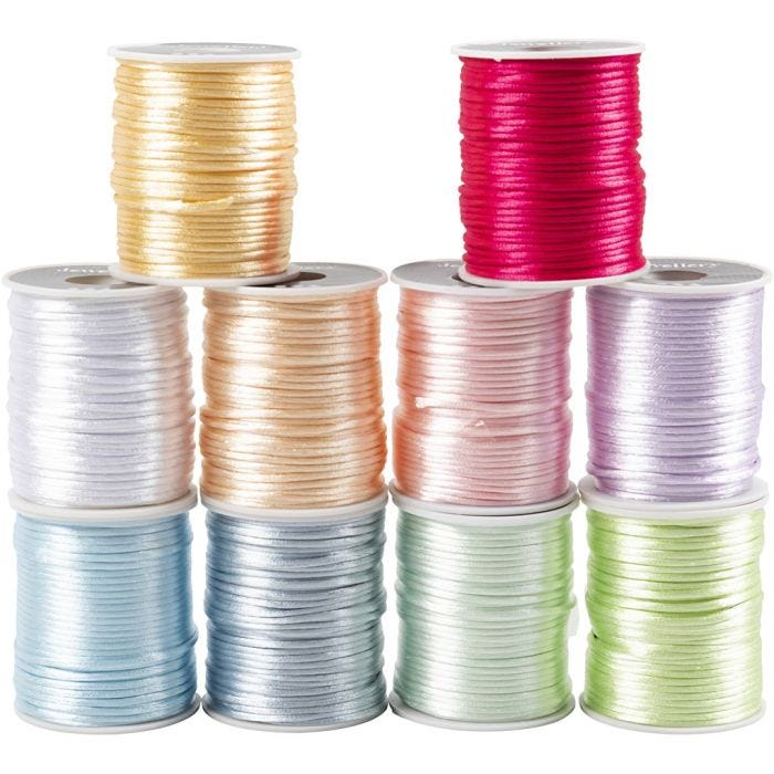 Satengsnor, tykkelse 2 mm, pastellfarger, 10x50 m/ 1 pk.