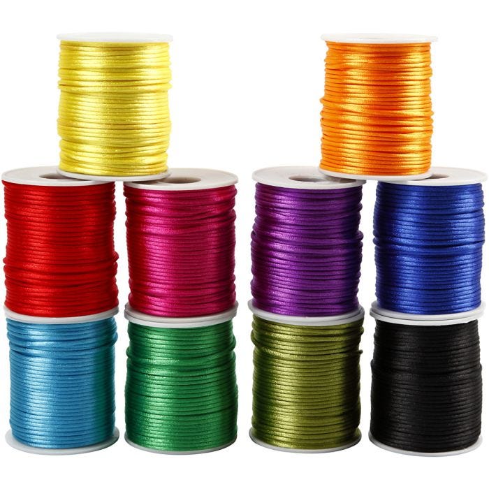 Satengsnor, tykkelse 2 mm, sterke farger, 10x50 m/ 1 pk.