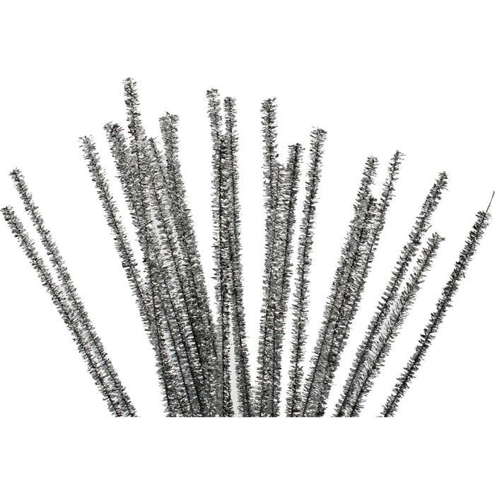 Piperenser, L: 30 cm, tykkelse 6 mm, glitter, sølv, 24 stk./ 1 pk.