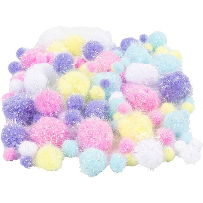Pomponer, dia. 15-40 mm, glitter, pastellfarger, 62 g/ 1 pk.
