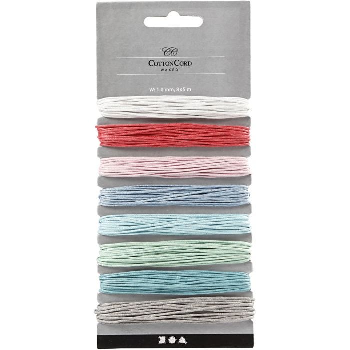 Bomullssnor, tykkelse 1 mm, pastellfarger, 8x5 m/ 1 pk.