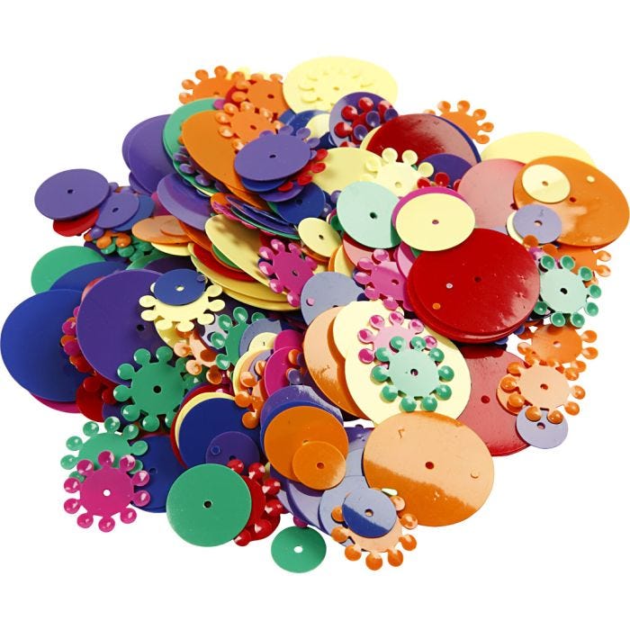 Paljetter, runde, str. 10-25 mm, ass. farger, 250 g/ 1 pk.