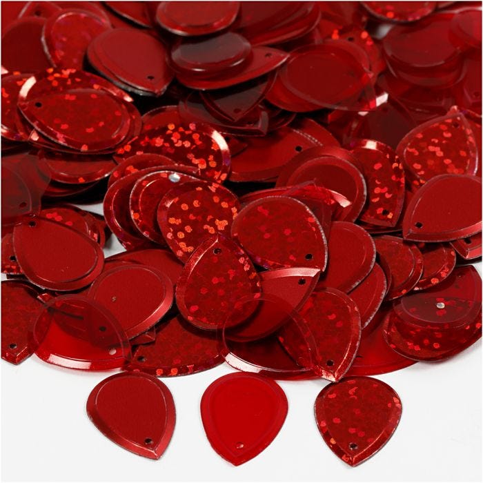 Paljetter, dråpe, str. 14x19 mm, rød, 50 g/ 1 pk.