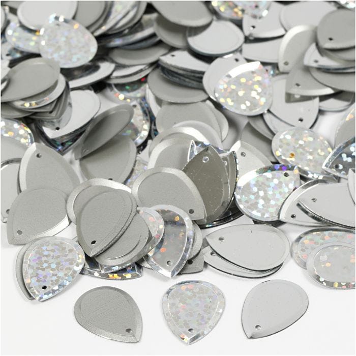 Paljetter, dråpe, str. 14x19 mm, sølv, 50 g/ 1 pk.