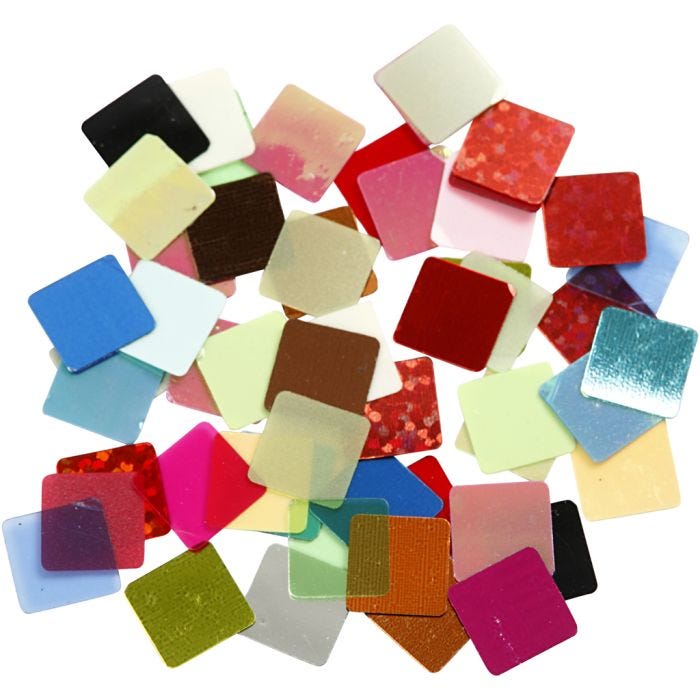 Paljettmosaikk, 10x10 mm, ass. farger, 250g/ 1 pk.