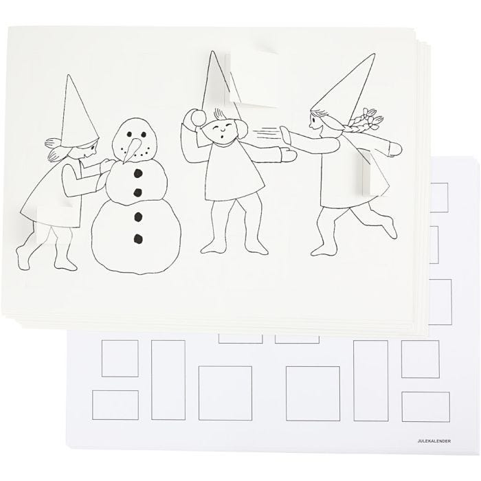 Julekalender med nisser i snøballkrig, A3, str. 30x42 cm, hvit, 30 stk./ 1 pk.