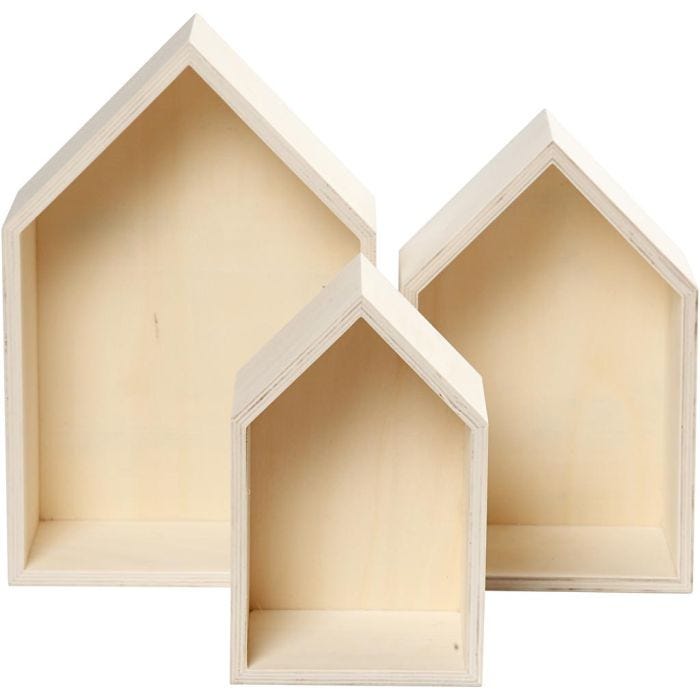 Oppbevaringskasser, hus, H: 20,3+25,3+31 cm, D: 10 cm, B: 13+16,2+20 cm, 3 stk./ 1 sett