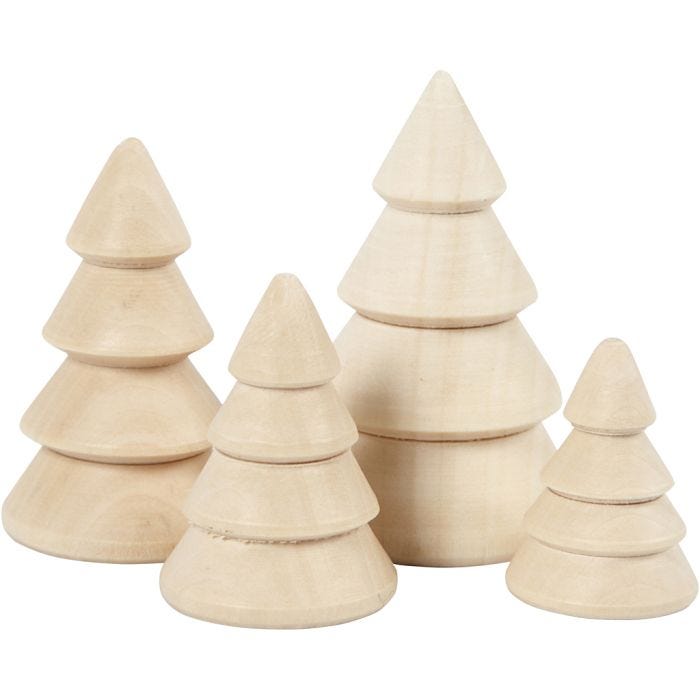 Juletrær, H: 3,3+4,3+5,3+6,3 cm, dia. 2,3+3+3,2+4 cm, 4 stk./ 1 pk.