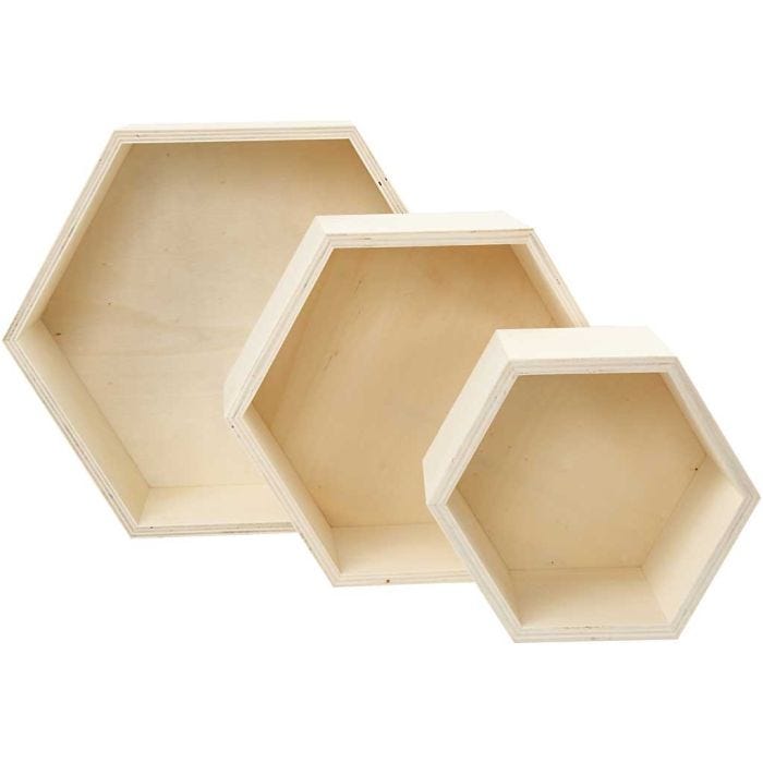 Oppbevaringskasser, sekskantet, H: 14,8+19+24,2 cm, D: 10 cm, 3 stk./ 1 sett