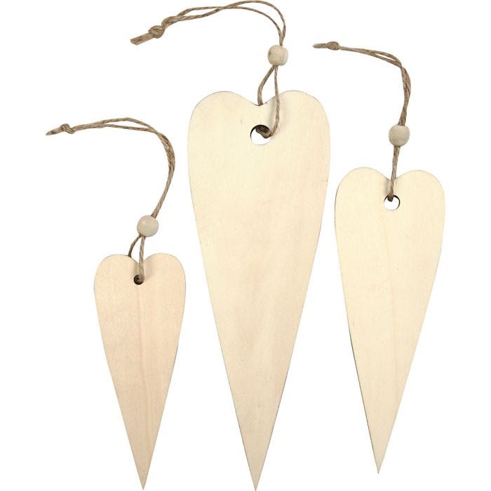 Treoppheng, avlangt hjerte, H: 12+16+20 cm, tykkelse 5 mm, 3 stk./ 1 pk.