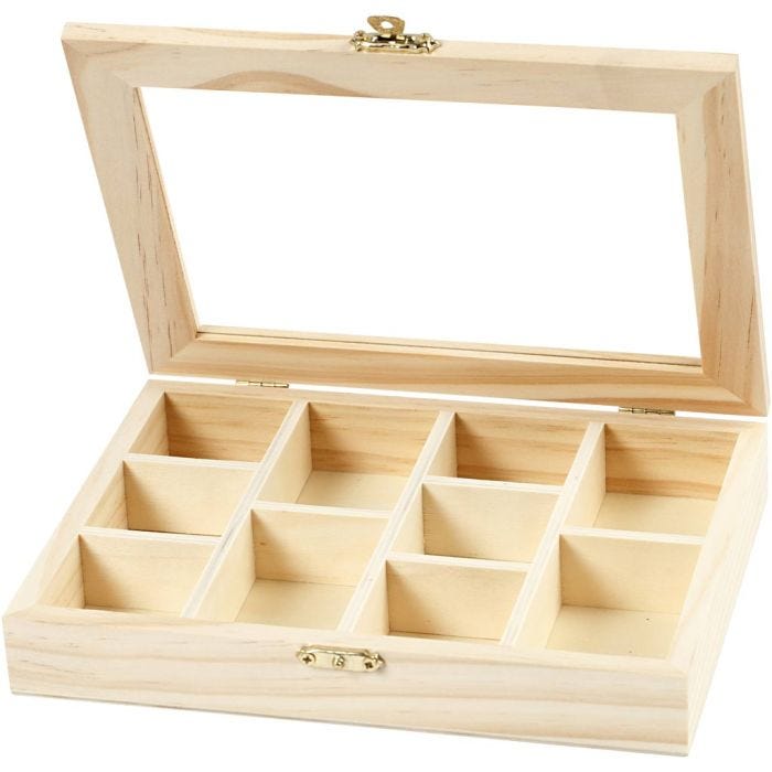 Eske med glasslokk, 15,5x20,5x3,5 cm, 4,3x6,6 cm, 1 stk.
