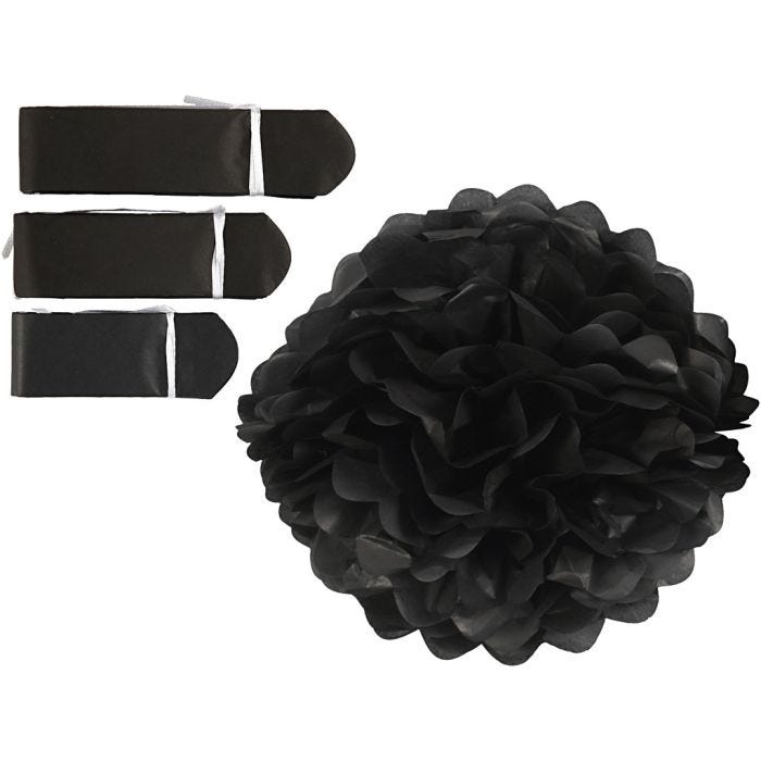 Papirpomponer, dia. 20+24+30 cm, 16 g, svart, 3 stk./ 1 pk.