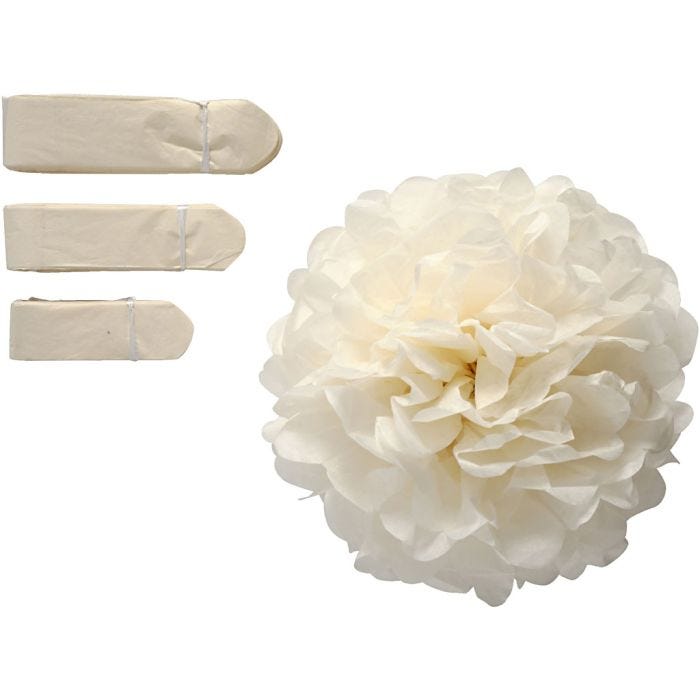 Papirpomponer, dia. 20+24+30 cm, 16 g, råhvit, 3 stk./ 1 pk.