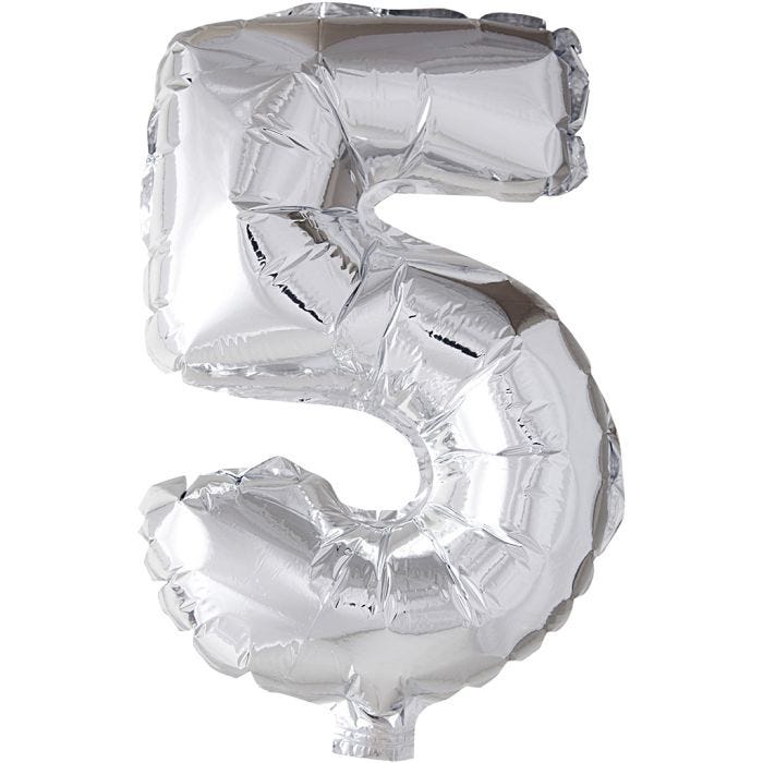Folieballong, 5, H: 41 cm, sølv, 1 stk.
