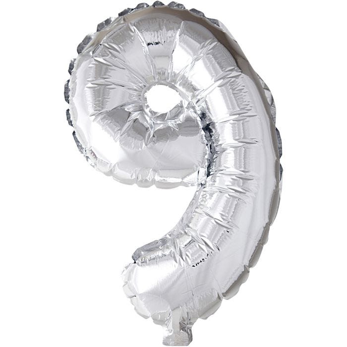 Folieballong, 9, H: 41 cm, sølv, 1 stk.