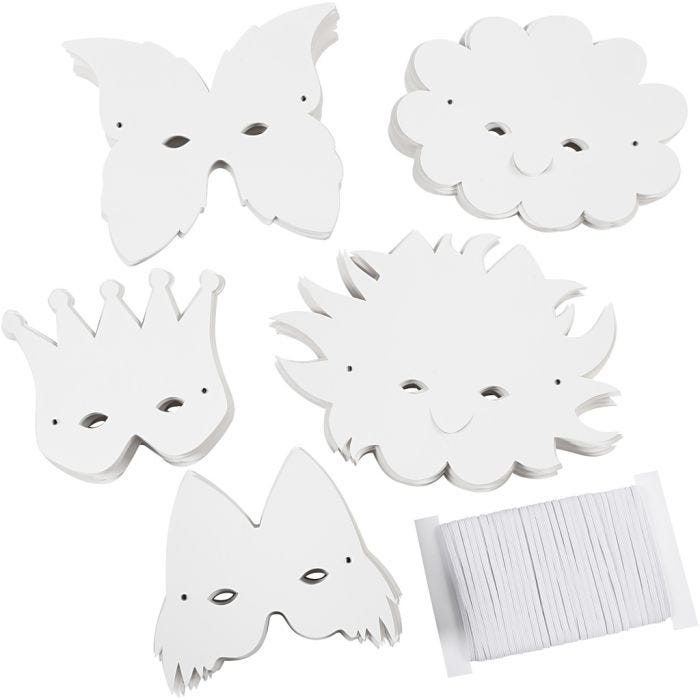 Fantasimasker m. snøreringer og strikk, H: 15-20 cm, 230 g, hvit, 100 ass./ 1 pk.