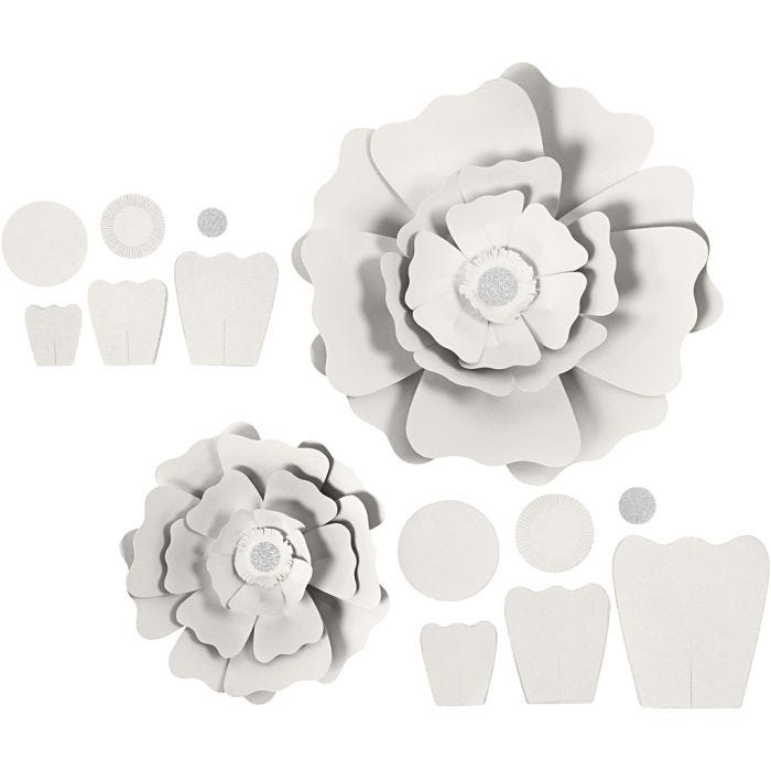 Papirblomster, dia. 15+25 cm, 230 g, hvit, 2 stk./ 1 pk.