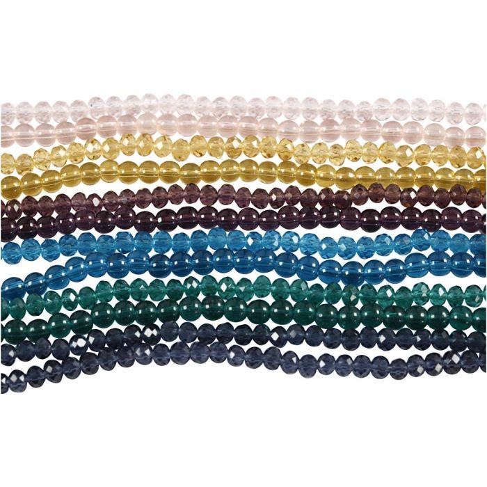 Glass- og facettperler, dia. 4 mm, hullstr. 1 mm, 12x45 stk./ 1 pk.