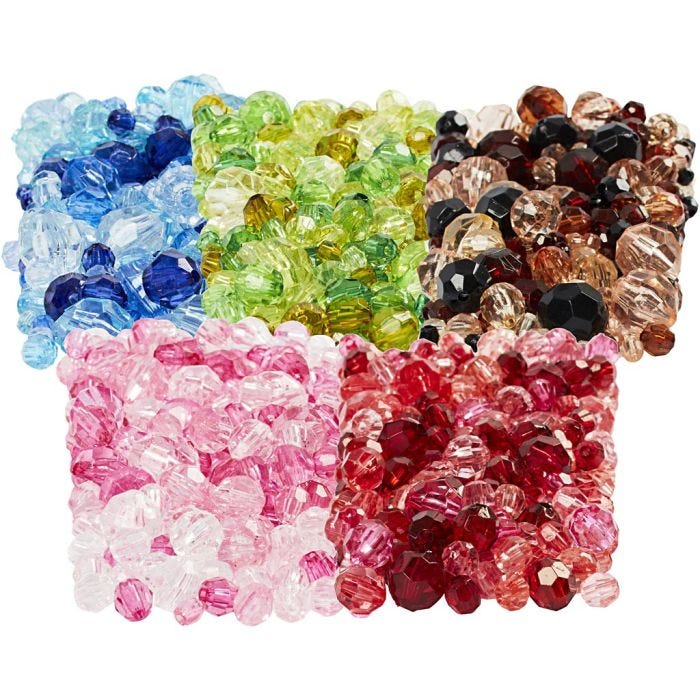Facettperler, dia. 4-12 mm, hullstr. 1-2,5 mm, ass. farger, 7x250 g/ 1 pk.