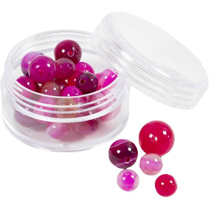 Perler av agat, str. 1x10, 12x8, 15x6 mm, hullstr. 0,9-1 mm, pink, 28 stk./ 1 pk.