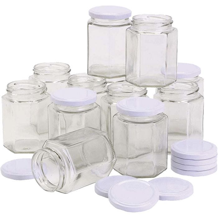 Sekskantet glassbeholder, H: 8 cm, dia. 7 cm, 180 ml, 12 stk./ 1 pk.