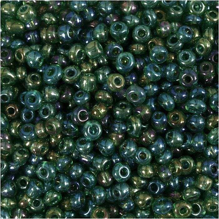 Rocaillesperler, dia. 3 mm, str. 8/0, hullstr. 0,6-1,0 mm, grønn olje, 25 g/ 1 pk.
