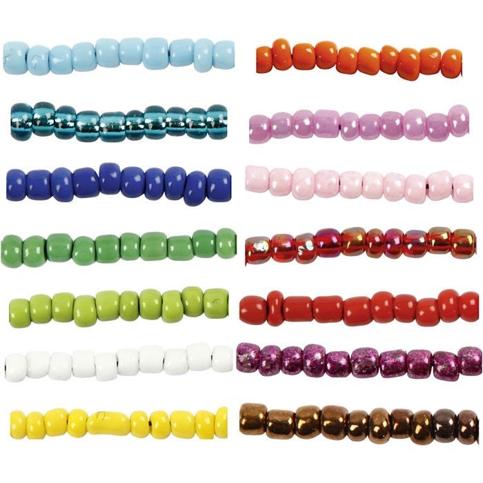 Rocaillesperler, dia. 3 mm, str. 8/0, hullstr. 0,6-1,0 mm, ass. farger, 14x25 g/ 1 pk.