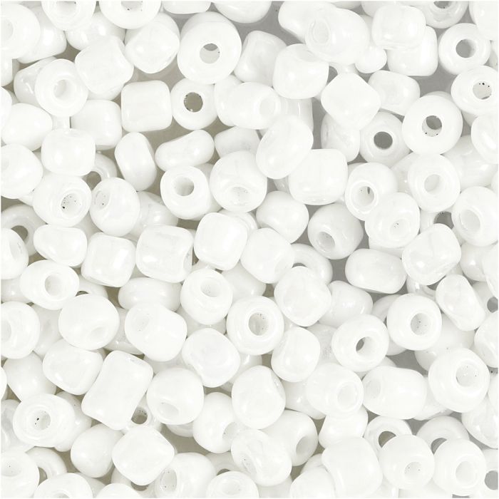 Rocaillesperler, dia. 4 mm, str. 6/0, hullstr. 0,9-1,2 mm, hvit perlemor, 25 g/ 1 pk.