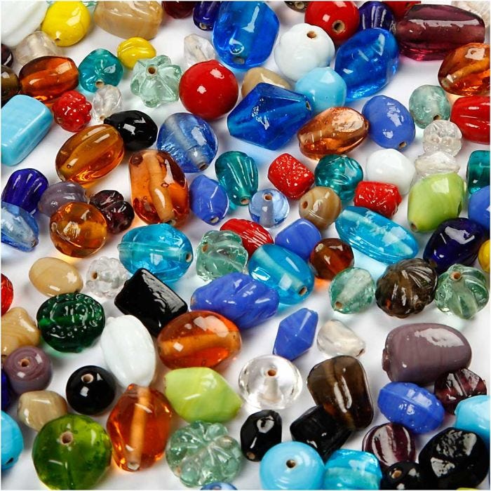 Glassperler, str. 7-18 mm, hullstr. 1 mm, ass. farger, 1000 g/ 1 pk.