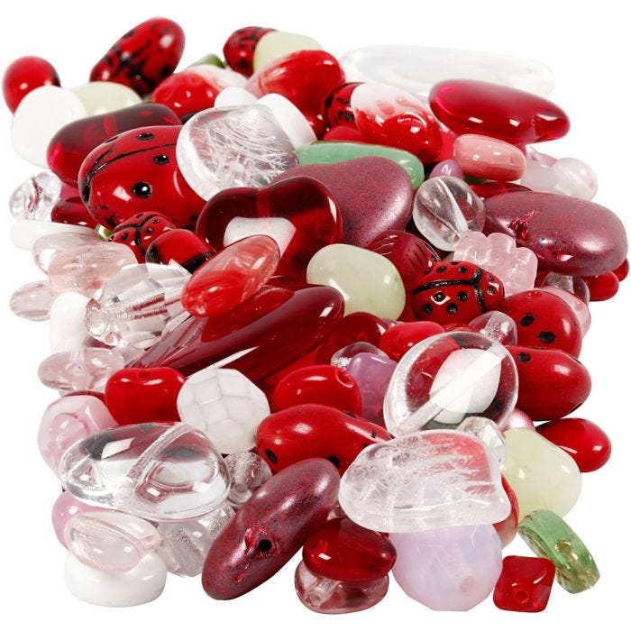 Glassperler, mariehøner, blad, hjerter, dia. 5-22 mm, hullstr. 0,5-1,5 mm, ass. farger, 350 g/ 1 pk.