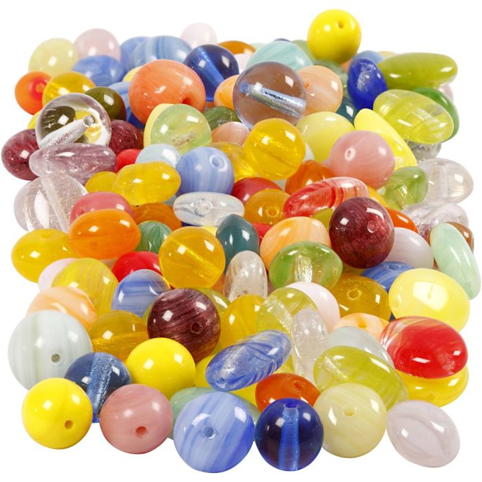 Glassperler, rund, oval, rundflat, dia. 6-13 mm, hullstr. 0,5-1,5 mm, ass. farger, 350 g/ 1 pk.