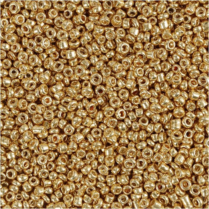 Rocaillesperler, dia. 1,7 mm, str. 15/0, hullstr. 0,5-0,8 mm, messing, 25 g/ 1 pk.