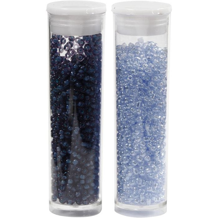 Rocaillesperler, dia. 1,7 mm, str. 15/0, hullstr. 0,5-0,8 mm, lys blå, mørk blå, 2x7 g/ 1 pk.