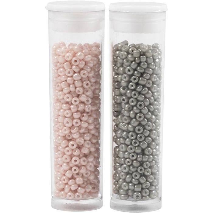Rocaillesperler, dia. 1,7 mm, str. 15/0, hullstr. 0,5-0,8 mm, lys grå, støvete rosa, 2x7 g/ 1 pk.