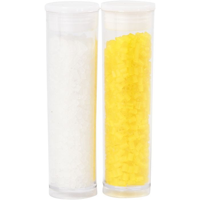 Rocaiperler 2-cut, dia. 1,7 mm, str. 15/0, hullstr. 0,5 mm, hvit, transparent gul, 2x7 g/ 1 pk.