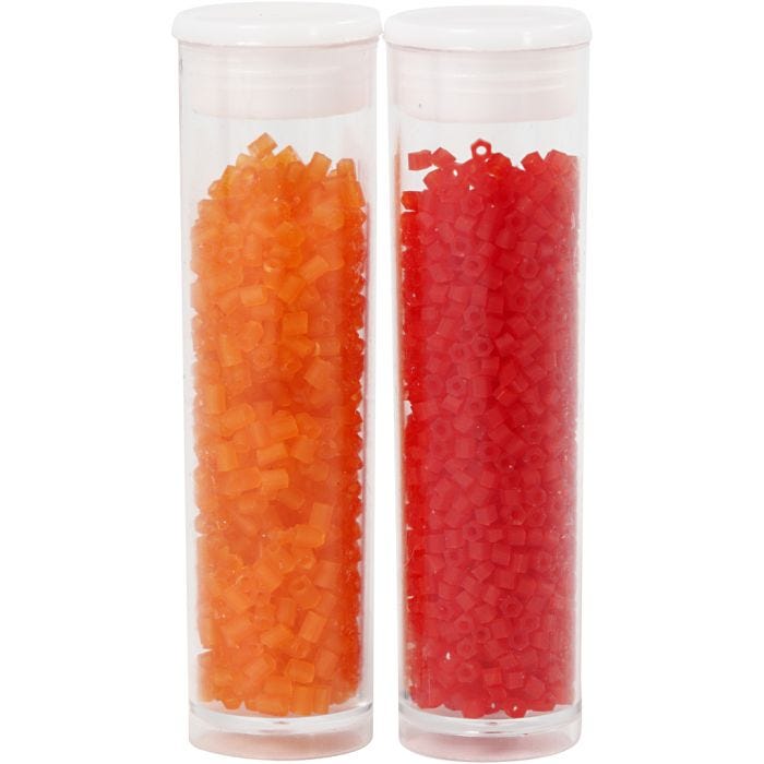 Rocaiperler 2-cut, dia. 1,7 mm, str. 15/0, hullstr. 0,5 mm, transparent orange, transparent rød, 2x7 g/ 1 pk.