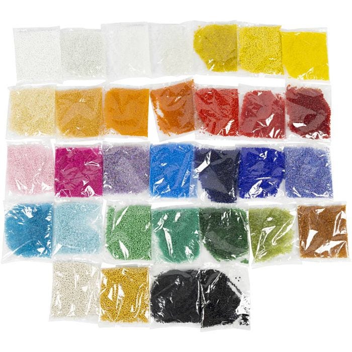 Rocaillesperler, dia. 1,7+3+4 mm, str. 6/0+8/0+12/0, hullstr. 0,5-1,2 mm, Farge kan variere , 32x100 g/ 1 pk.