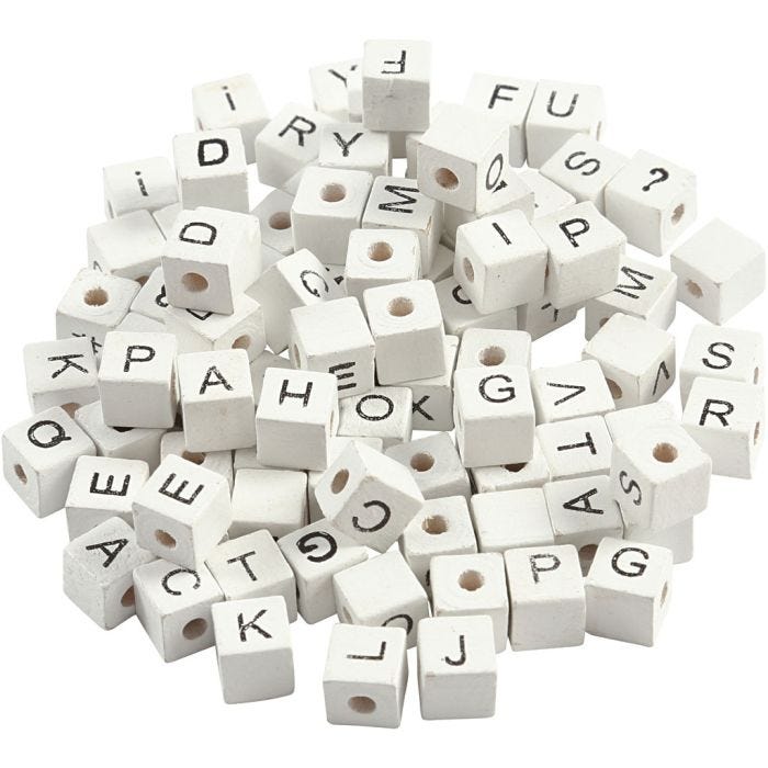 Bokstavperle, A-Z, &, #, ?, str. 8x8 mm, hullstr. 3 mm, hvit, 96 ass./ 1 pk.