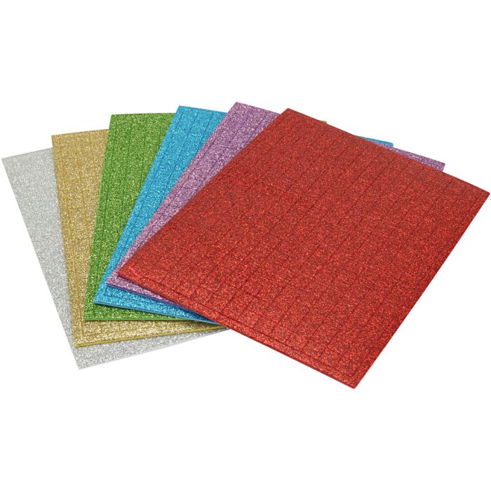 Mosegummi-mosaikker, str. 10x10 mm, tykkelse 2 mm, glitter farger, 1596 stk., 6 ark/ 1 pk.