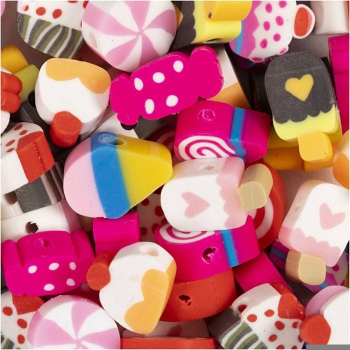Figurperler, Godteri, kaker og is, dia. 10 mm, hullstr. 1,5 mm, 60 stk./ 1 pk.