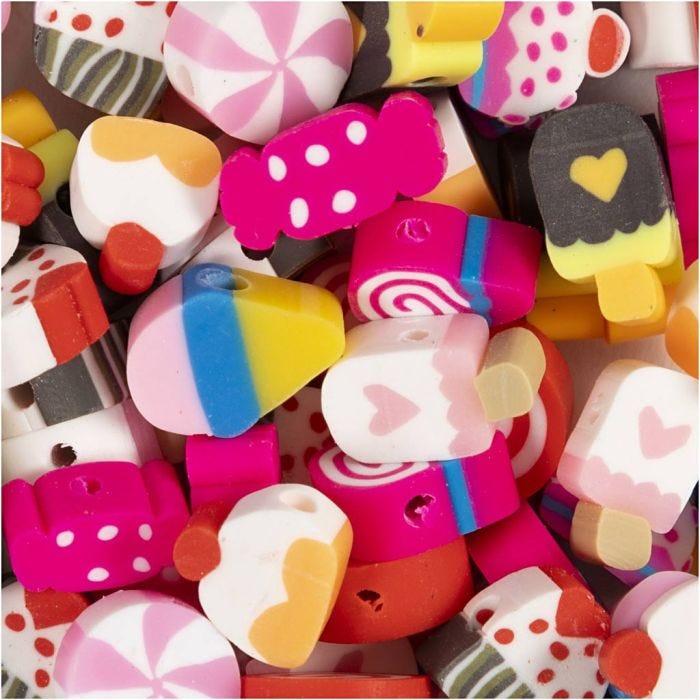 Figurperler, Godteri, kaker og iskrem, dia. 10 mm, hullstr. 1,5 mm, 200 stk./ 1 pk.